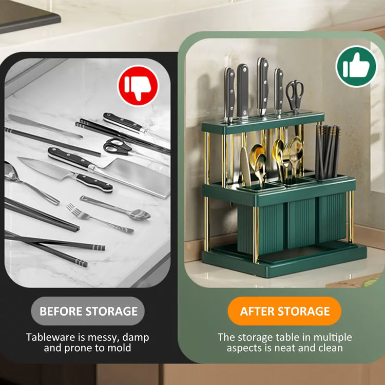 Space-Saving Multi-Function Kitchen Knife Holder & Cutlery Drainer Rack, PP Utensil Organizer