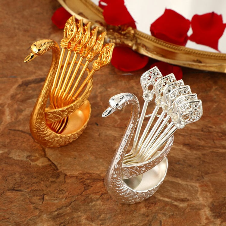Decorative Swan Base Holder Set: 7PCS Stainless Steel Dinnerware with 6 Spoons - Coffee & Dessert Mixing