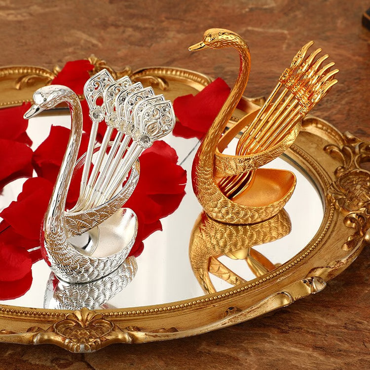 Decorative Swan Base Holder Set: 7PCS Stainless Steel Dinnerware with 6 Spoons - Coffee & Dessert Mixing