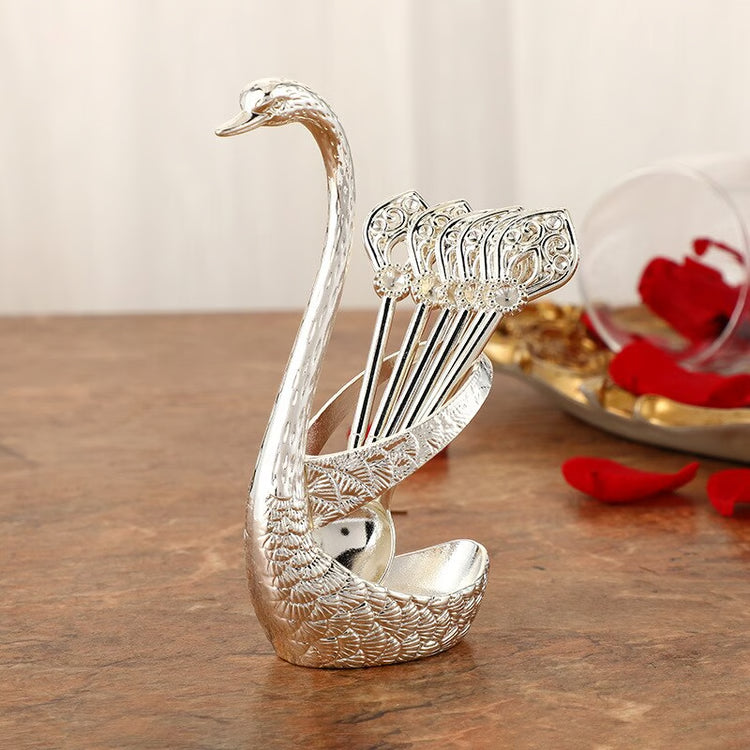 Decorative Swan Base Holder Set: 7PCS Stainless Steel Dinnerware with 6 Spoons - Coffee & Dessert Mixing