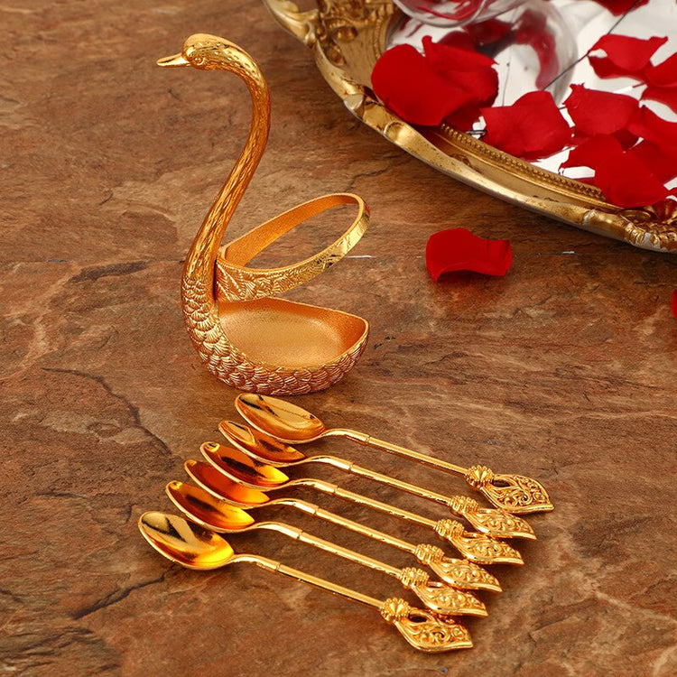 Decorative Swan Base Holder Set: 7PCS Stainless Steel Dinnerware with 6 Spoons - Coffee & Dessert Mixing