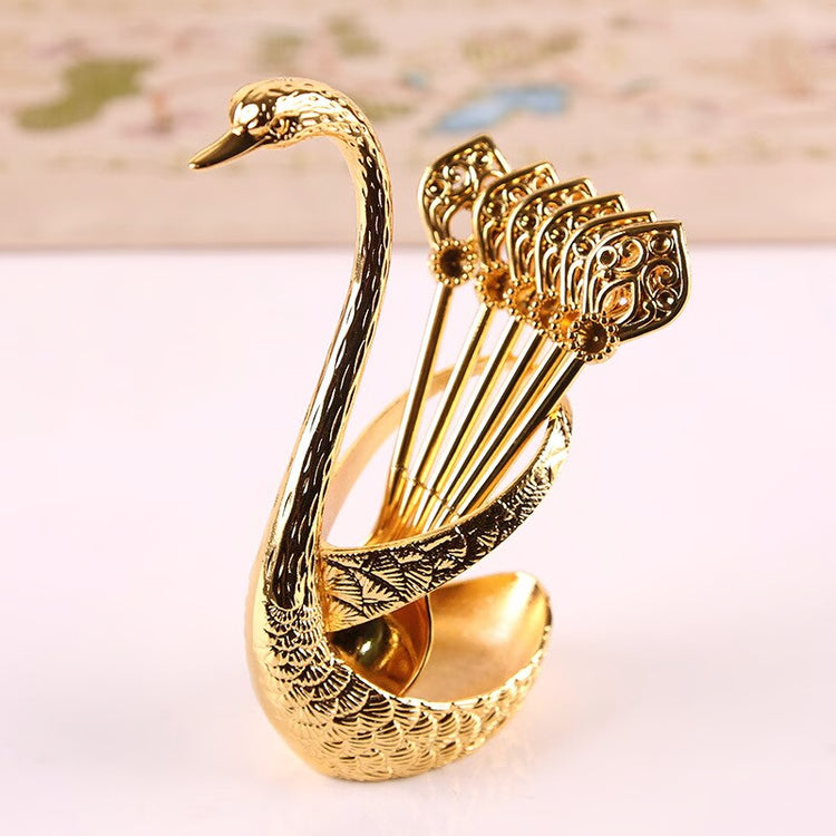 Decorative Swan Base Holder Set: 7PCS Stainless Steel Dinnerware with 6 Spoons - Coffee & Dessert Mixing