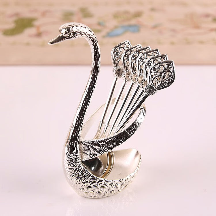 Decorative Swan Base Holder Set: 7PCS Stainless Steel Dinnerware with 6 Spoons - Coffee & Dessert Mixing